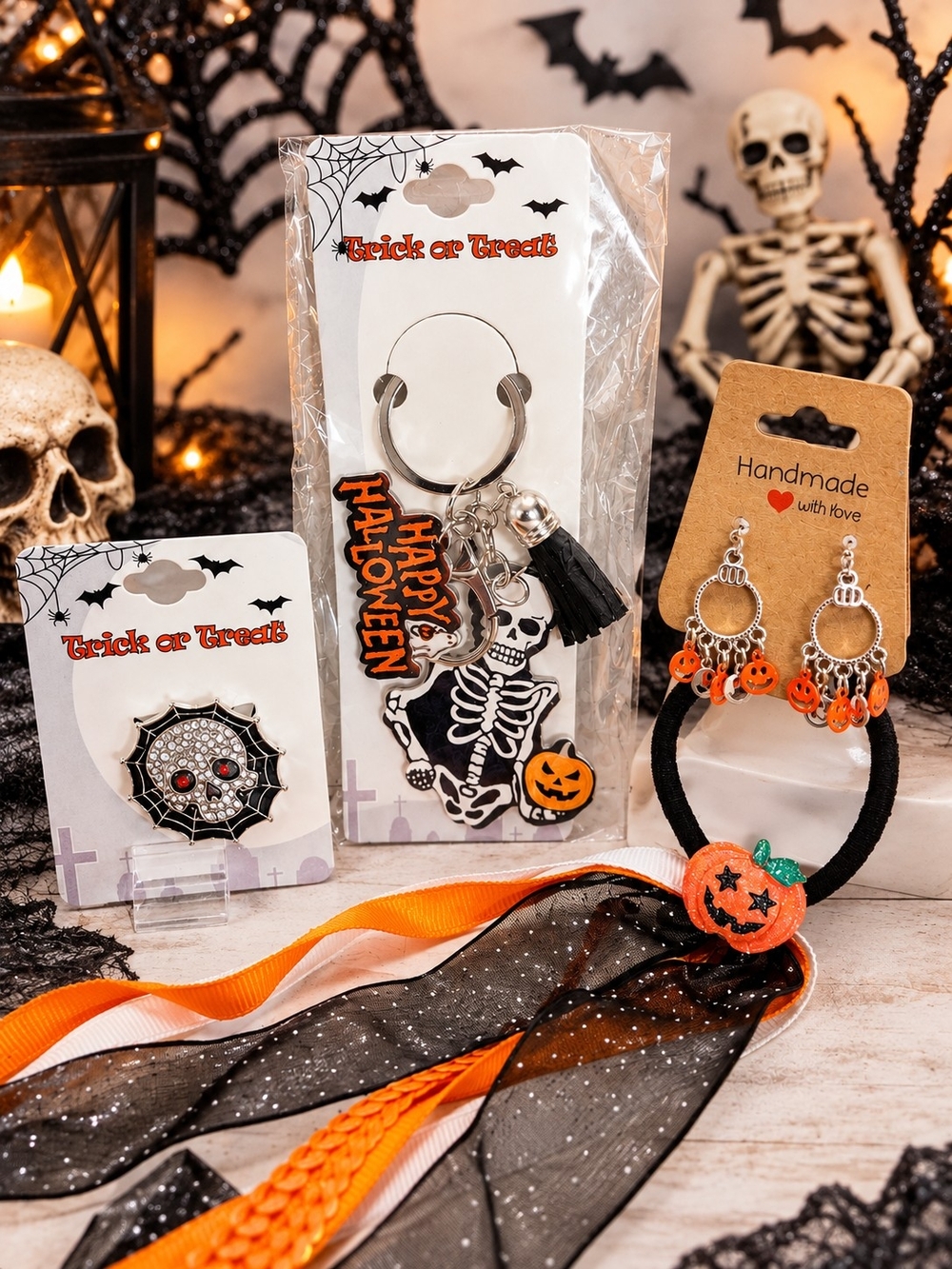 Kids Halloween Hair Tie, Keychain & Pin Set Skelton Themed Orange & Black